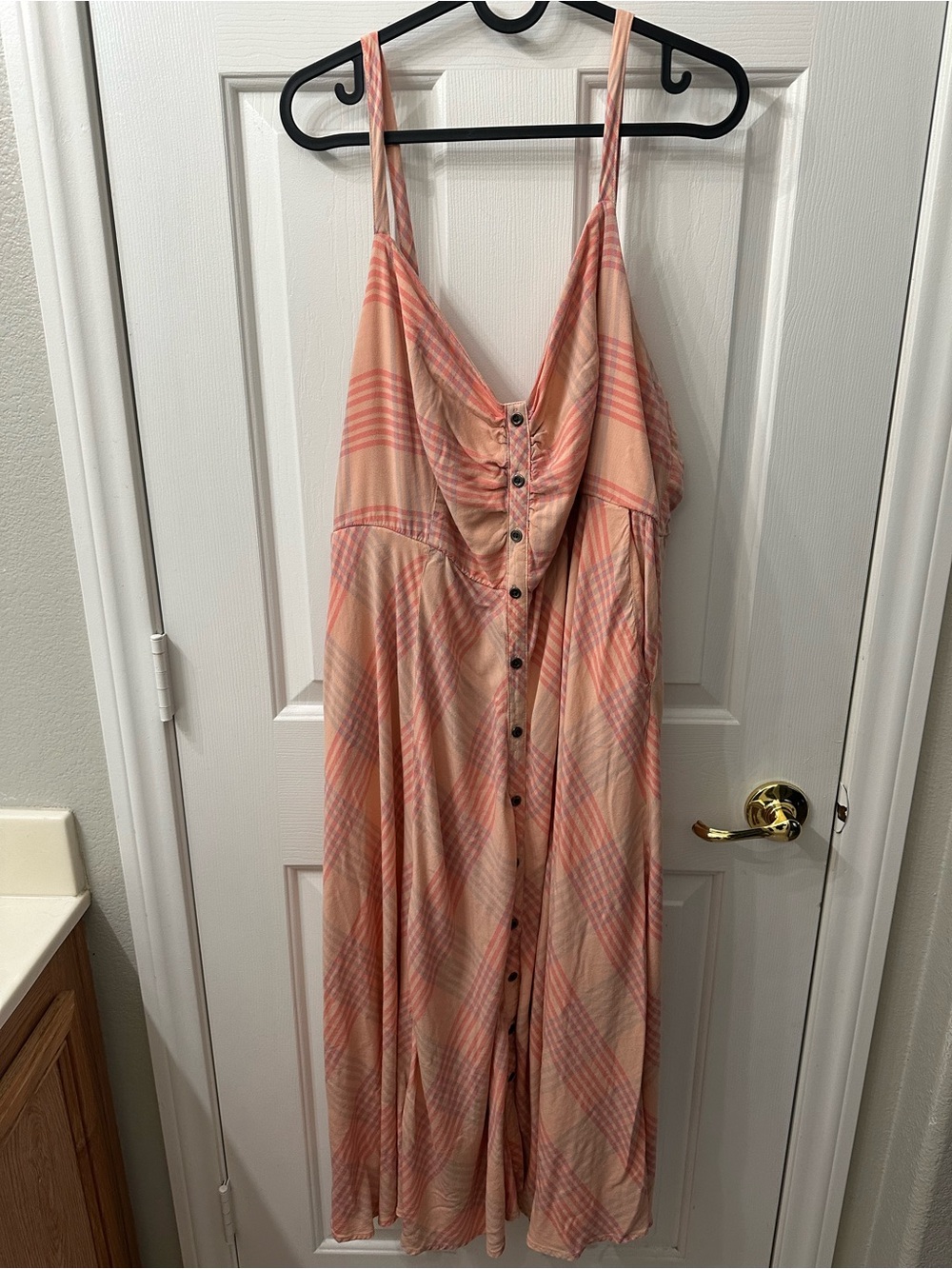 Torrid Dress Peach-Pink Plaid Maxi Button Front Elastic Back Spaghetti Strap 2X